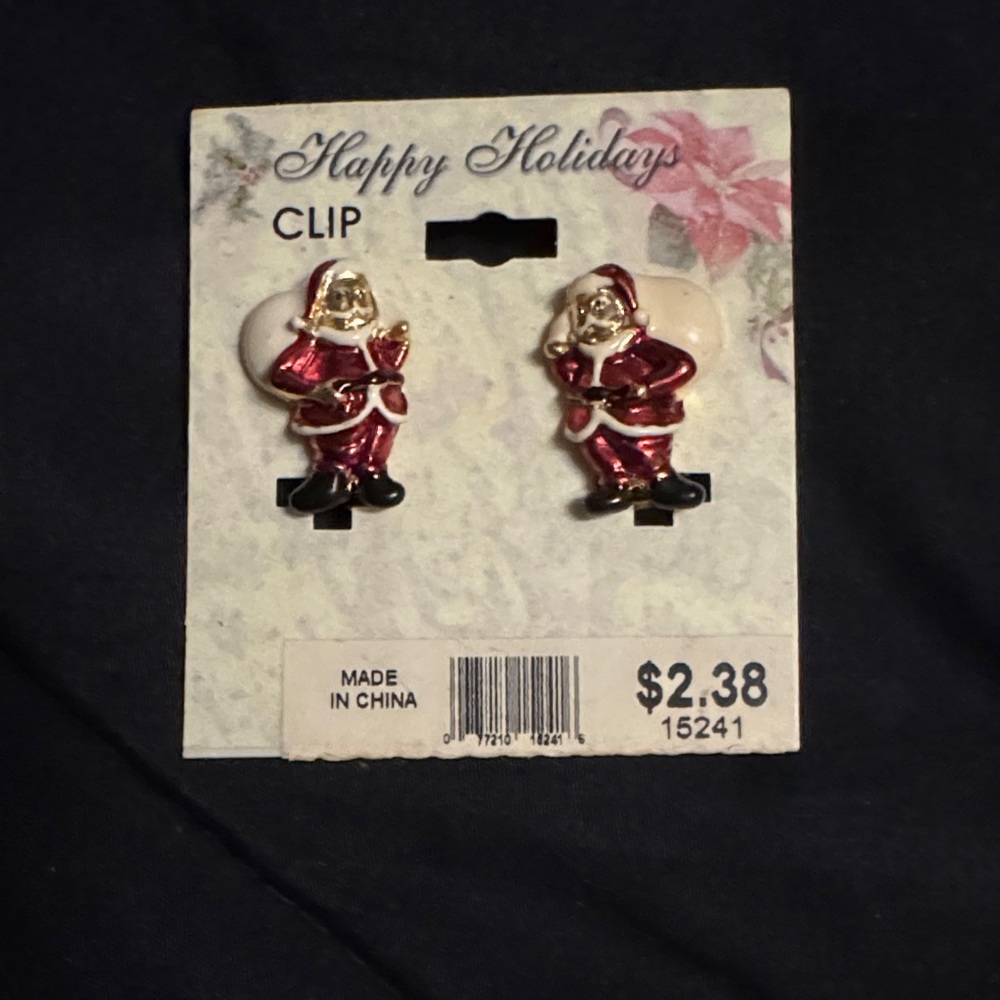 Vintage Happy Holidays Gold Santa Clause Clip Earrings | Original Card Christmas